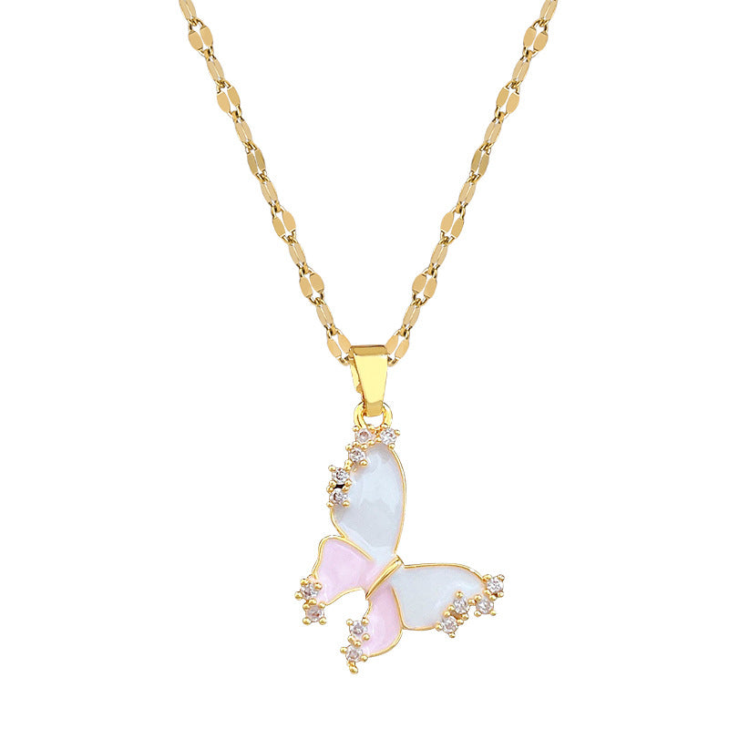 Sweet Drip Oil Pink Butterfly Moon Rhinestone Titanium Steel Necklace Set for Women and Men