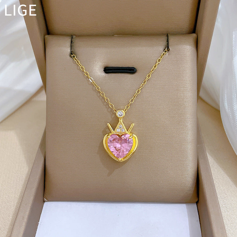 Collar con Colgante de Corazón de Corona Estilo Caricatura para Mujeres y Hombres, Cadena de Acero Inoxidable con Medallón y Detalles Completos de Diamantes de Imitación