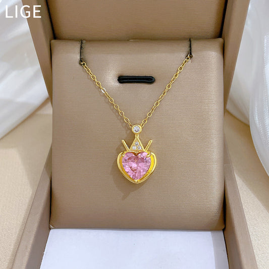 Collar con Colgante de Corazón de Corona Estilo Caricatura para Mujeres y Hombres, Cadena de Acero Inoxidable con Medallón y Detalles Completos de Diamantes de Imitación