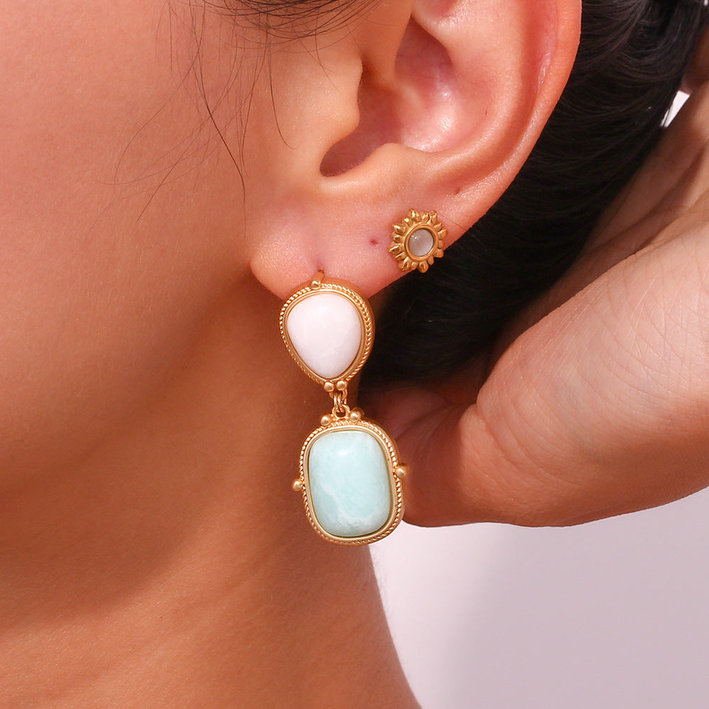 Geometric French-Inspired Fashion Earrings in Titanium Steel with 18K Gold Plating and Natural Lapis Lazuli Accents
