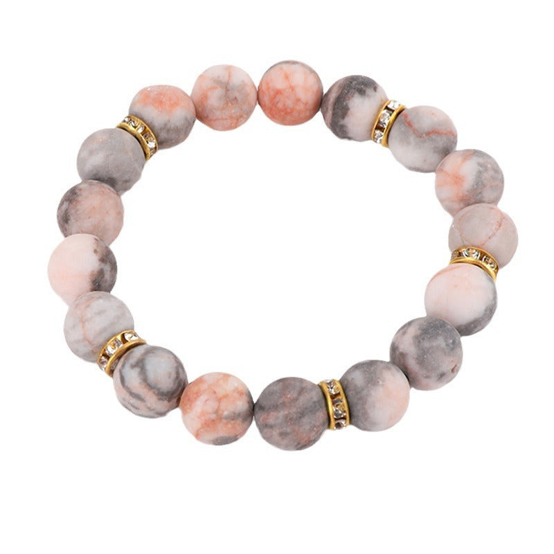 Elegant 8mm Pink Zebra Agate Beaded Bracelet with Rhinestone Inlay Unisex Geometric Jewelry