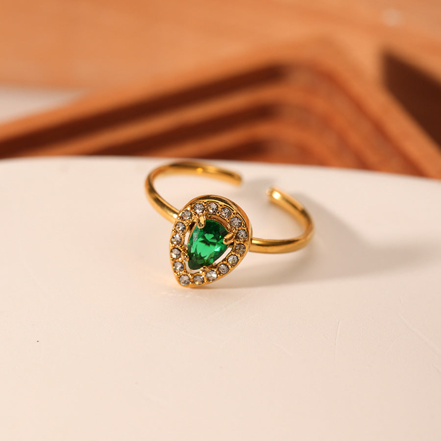 Ins Style Teardrop Shaped Stainless Steel Ring with Green Zircon Inlay and 18K Vacuum Plated Gold Finish