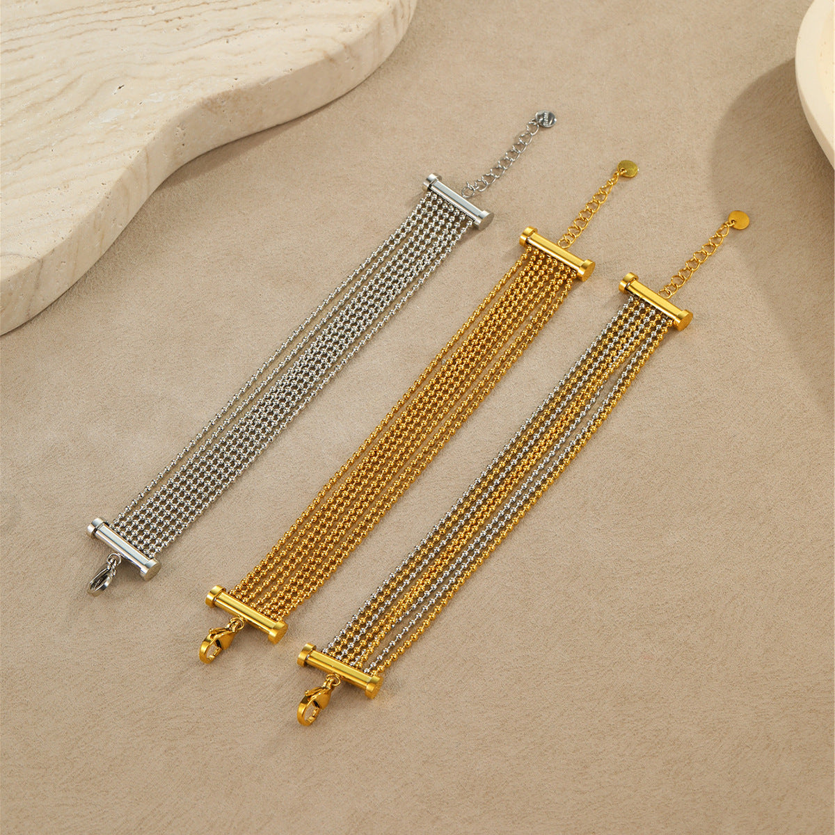 Fashionable Geometric Stainless Steel Multi-Layer Tassel Bracelet with Plated Finish for Women