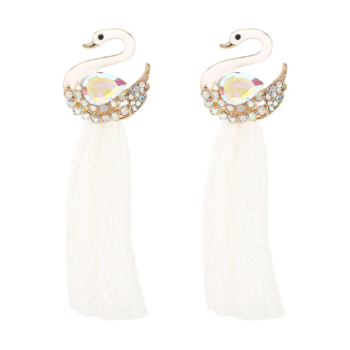 Vintage Ethnic Style Tassel Swan Stud Earrings in Alloy with Rhinestone Inlay for Women