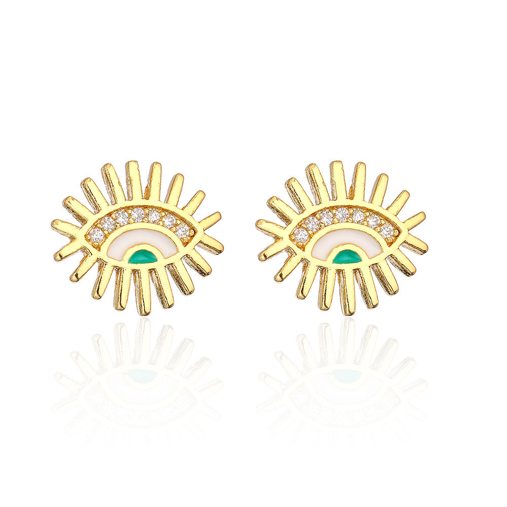 Minimalist Geometric Evil Eye Stud Earrings in Copper with Real Gold Plating and Zircon Inlay