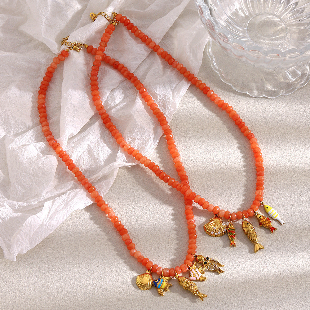 Luxury Handmade Beaded Geometric Pendant Necklace in Stainless Steel with 18K Gold Plating and Red Agate Ocean Life Motif