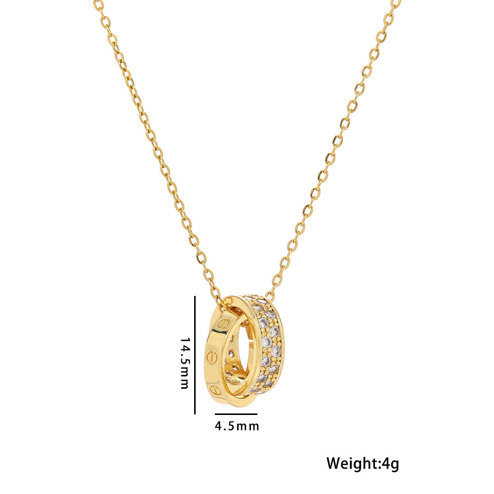 Collana con ciondolo a doppio anello geometrico da donna, catena a medaglione in acciaio al titanio con placcatura in rodio