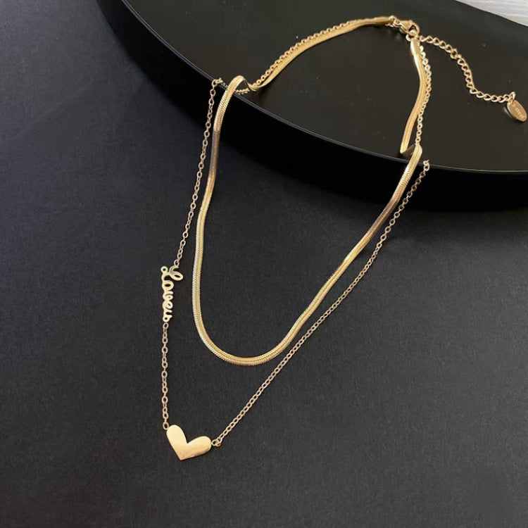 Minimalist Heart-Shaped Titanium Steel Plated Necklace for Women with Snake Chain Double Layer Locket Style