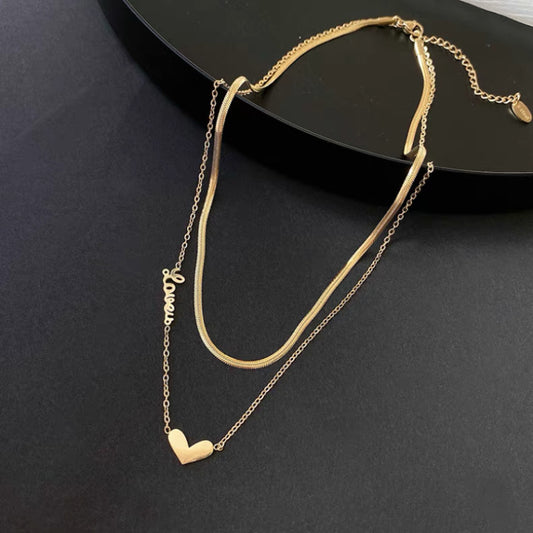 Minimalist Heart-Shaped Titanium Steel Plated Necklace for Women with Snake Chain Double Layer Locket Style