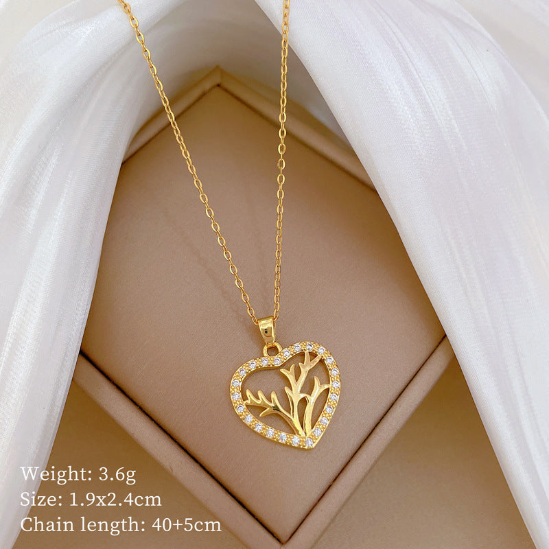 Collana con ciondolo minimalista a cuore e corno in acciaio inossidabile con strass per donna e uomo