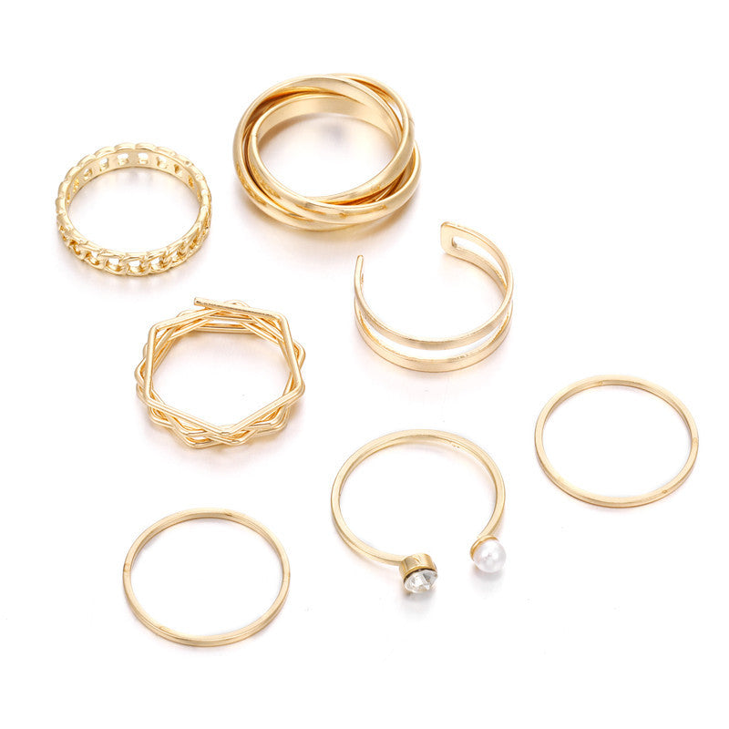 Vintage Geometric Round Alloy Plated Ring Set with Pearl Inlay for Women