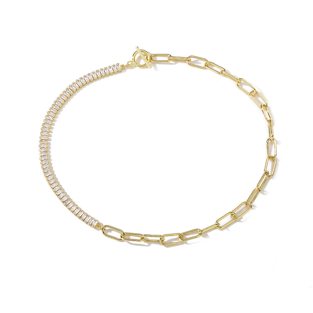 Minimalist Geometric Pig Nose Necklace in Brass with Cubic Zirconia Accents
