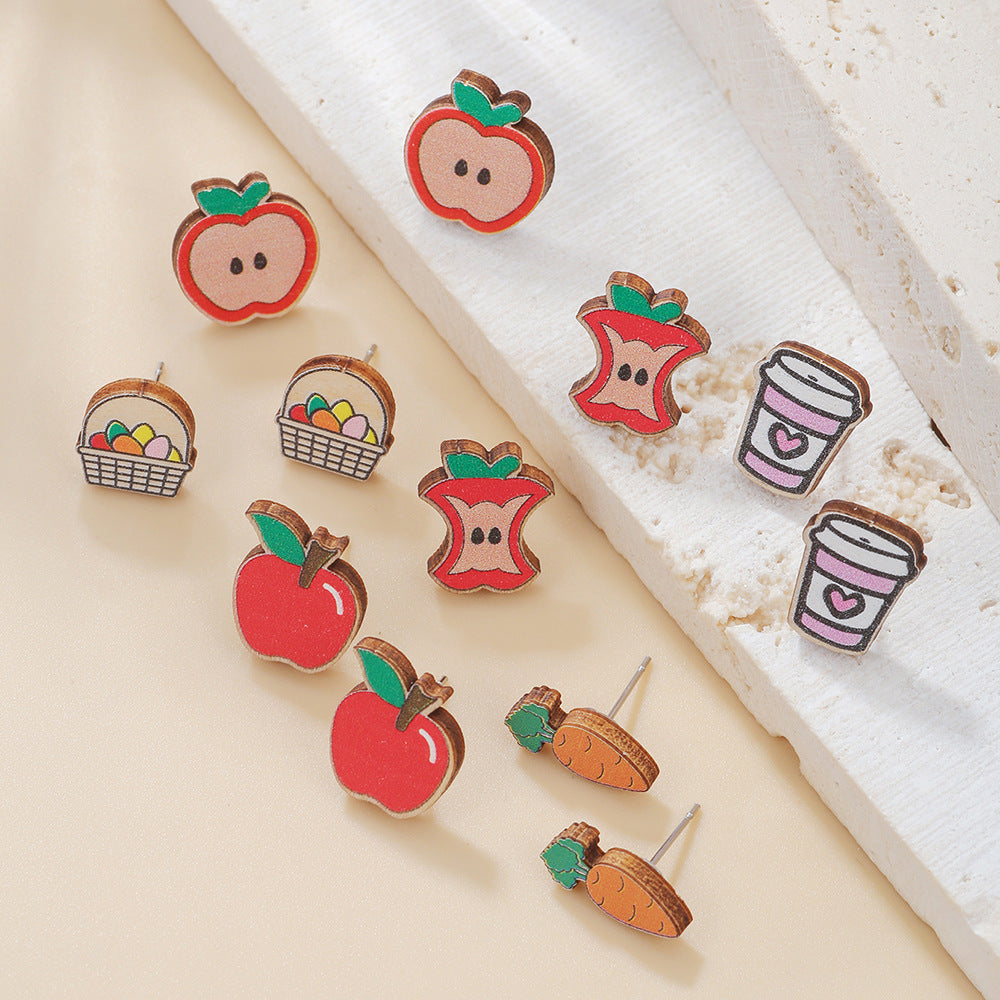 Sweet Cartoon Wood Geometric Apple Carrot Stud Earrings for Kids