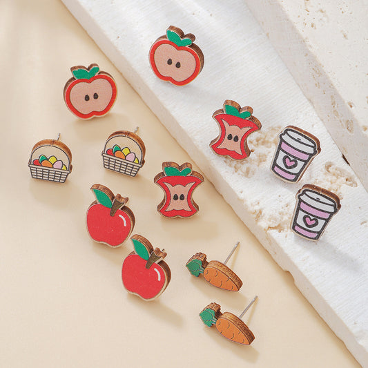 Sweet Cartoon Wood Geometric Apple Carrot Stud Earrings for Kids