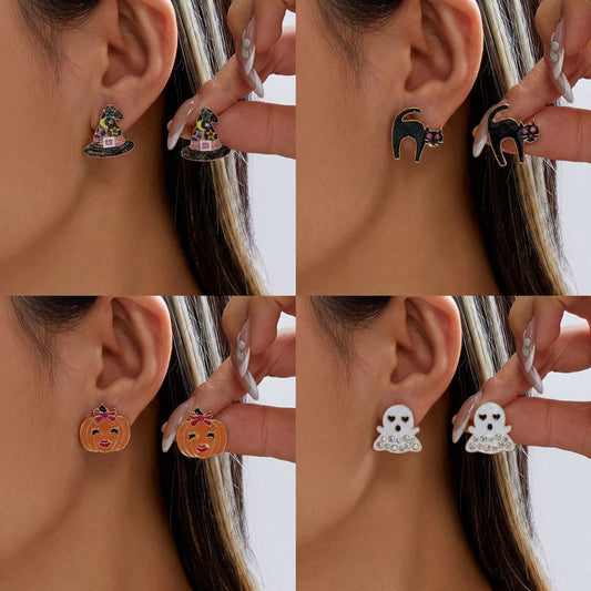 Halloween Punk Geometric Alloy Plated Earrings Set with Pumpkin and Black Cat Designs for Women