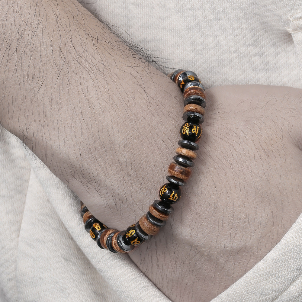 Vintage Minimalist Round Wood and Gemstone Bracelet