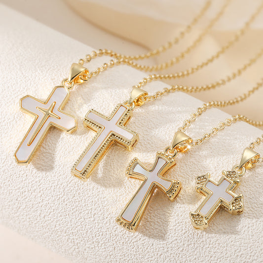 Minimalist 18K Gold Plated Brass Micro-inlay Shell Cross Pendant Necklace for Women