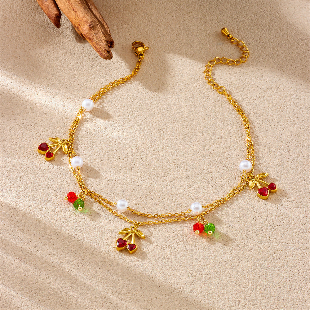 Sweet Stainless Steel Cherry Pendant Double Layer Anklet for Women