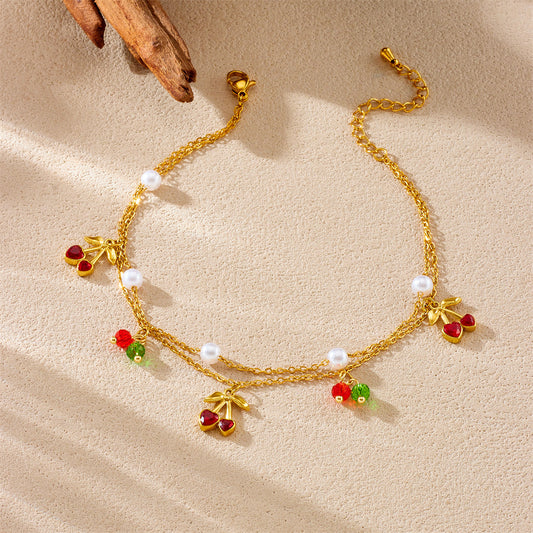 Sweet Stainless Steel Cherry Pendant Double Layer Anklet for Women