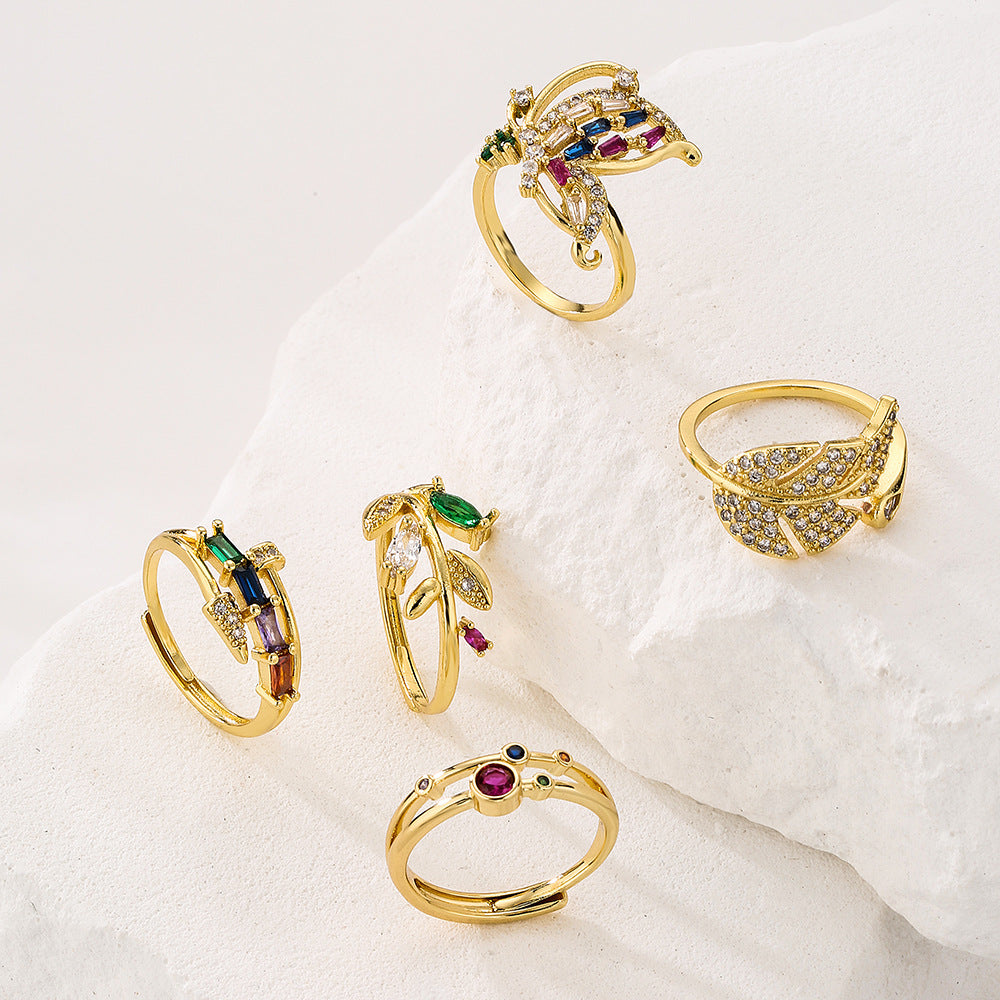 Fashion Minimalist Geometric Butterfly Leaf Floral Open Ring for Women in Brass with Real Gold Plating and Zircon Inlay