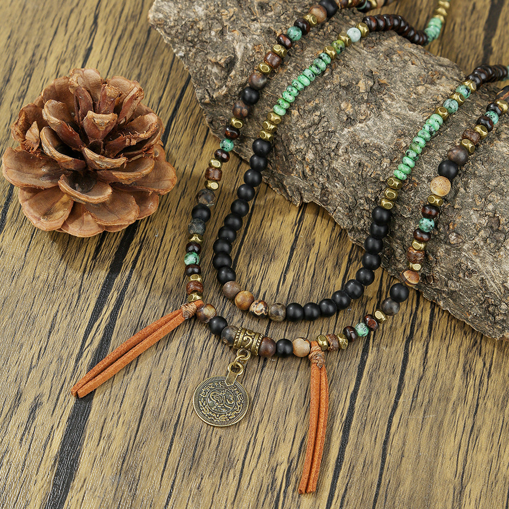 Bohemian Ethnic Geometric Round Alloy Wood Leather Coin Pendant Necklace for Unisex