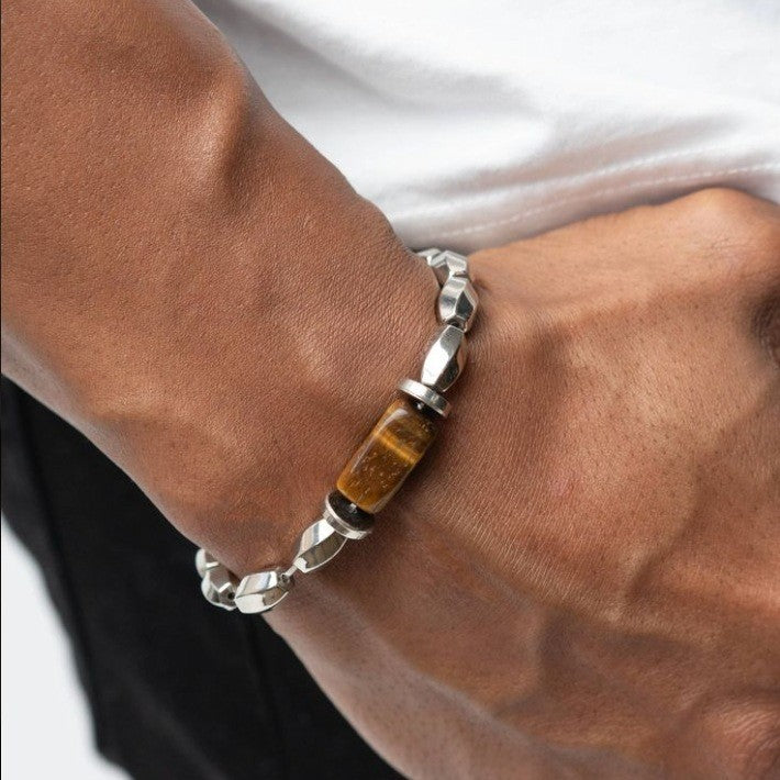 Minimalist Vintage Geometric Hematite and Tiger Eye Beaded Bracelet Handmade Unisex Jewelry