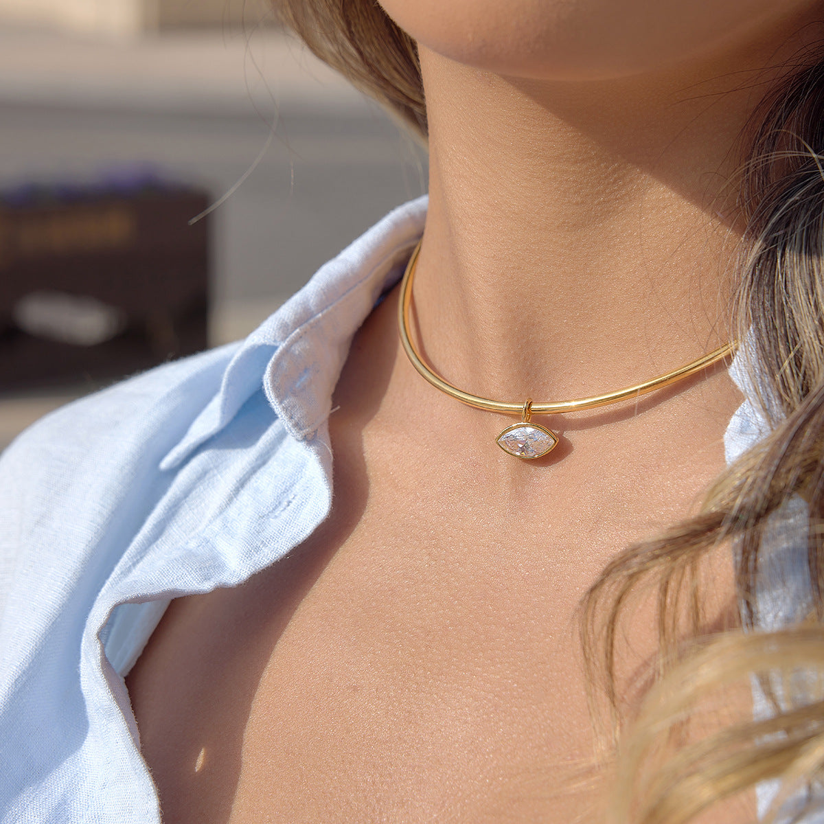 Minimalist Geometric Round Stainless Steel PVD Cubic Zirconia Pendant Necklace for Women