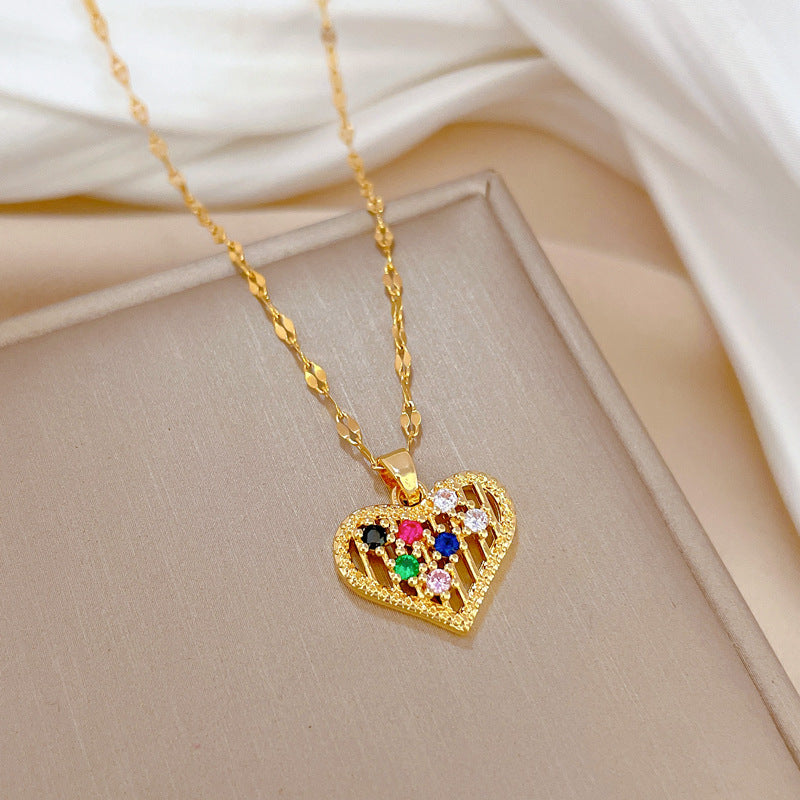 Luxury Rhinestone-Encrusted Titanium Steel Heart Pendant Necklace for Women, Adjustable Chain, Elegant Clavicle Jewelry for Wedding and Formal Events