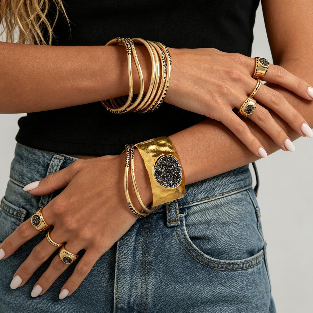 Vintage Punk Geometric Rhinestone Plated Zinc Alloy Bracelet Set