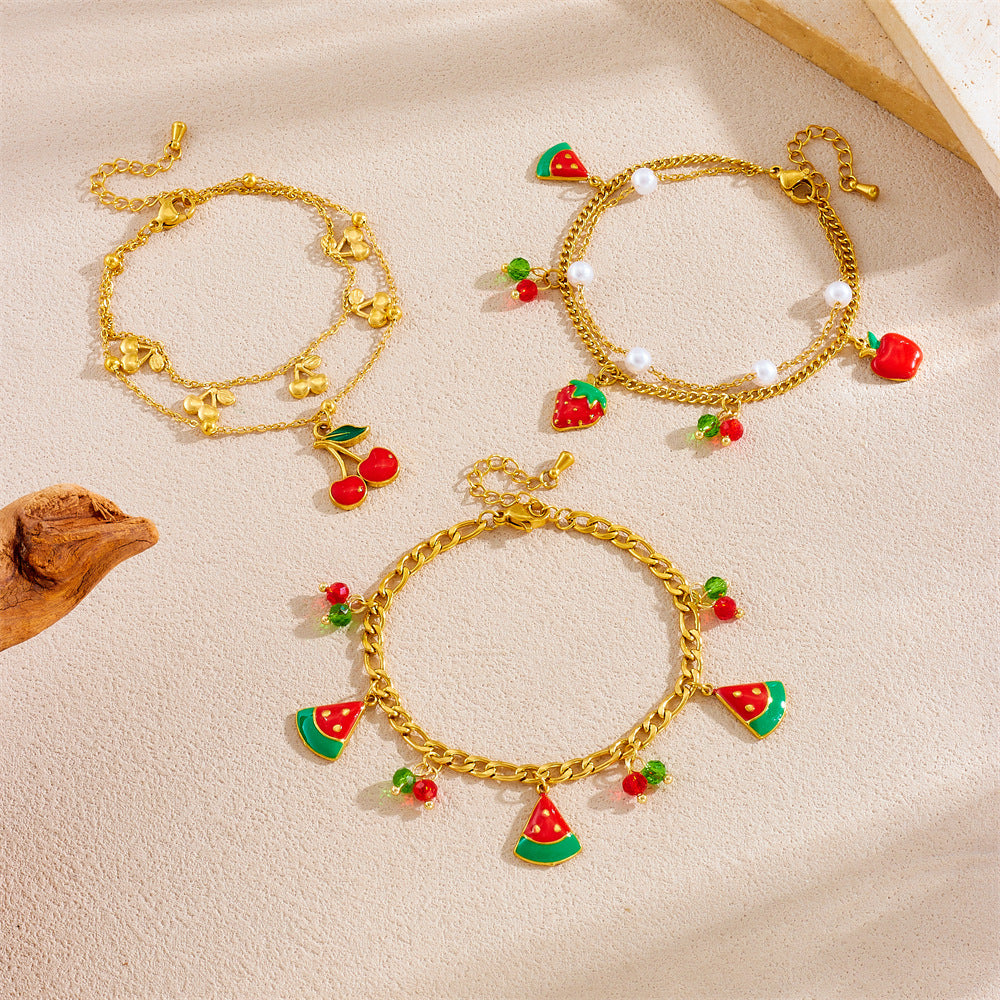 Sweet Red Drip Oil Fruit Series Strawberry Cherry Watermelon Stainless Steel Bracelet