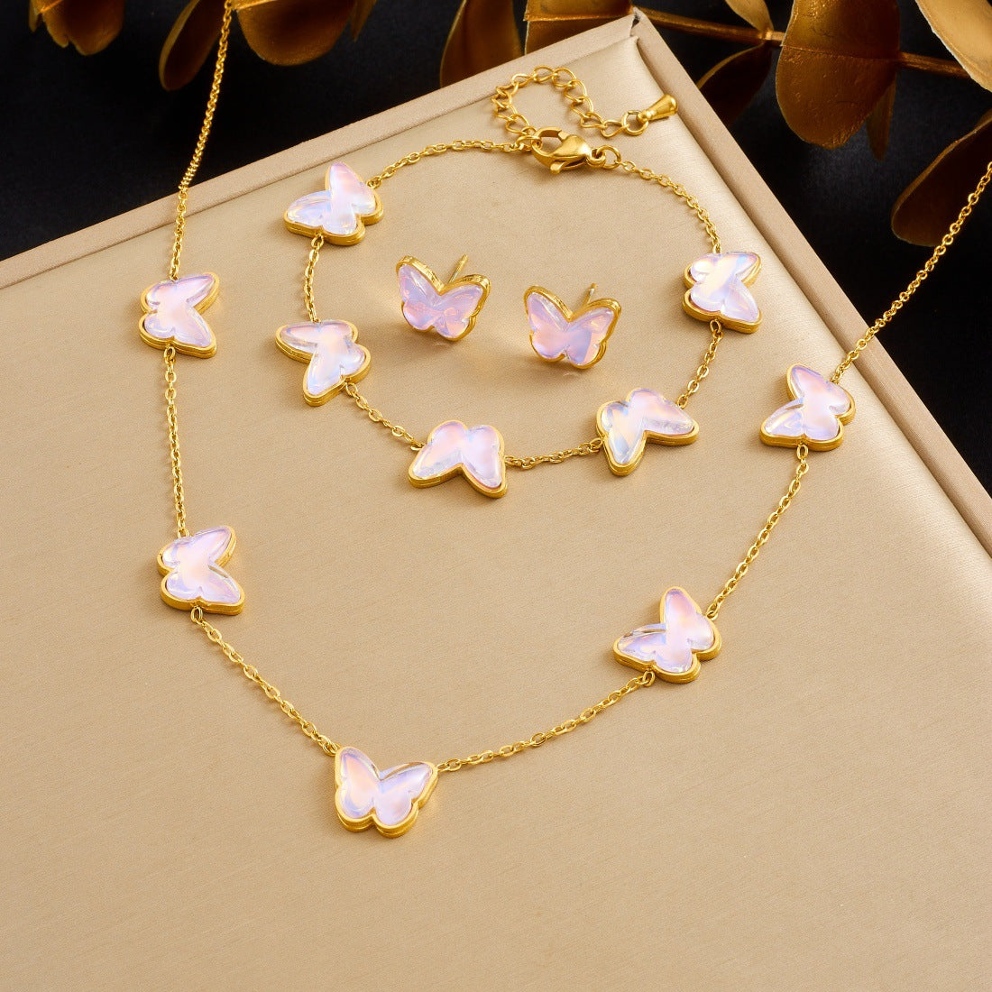 Sweet Gold Plated Stainless Steel Butterfly Necklace Set for Women
