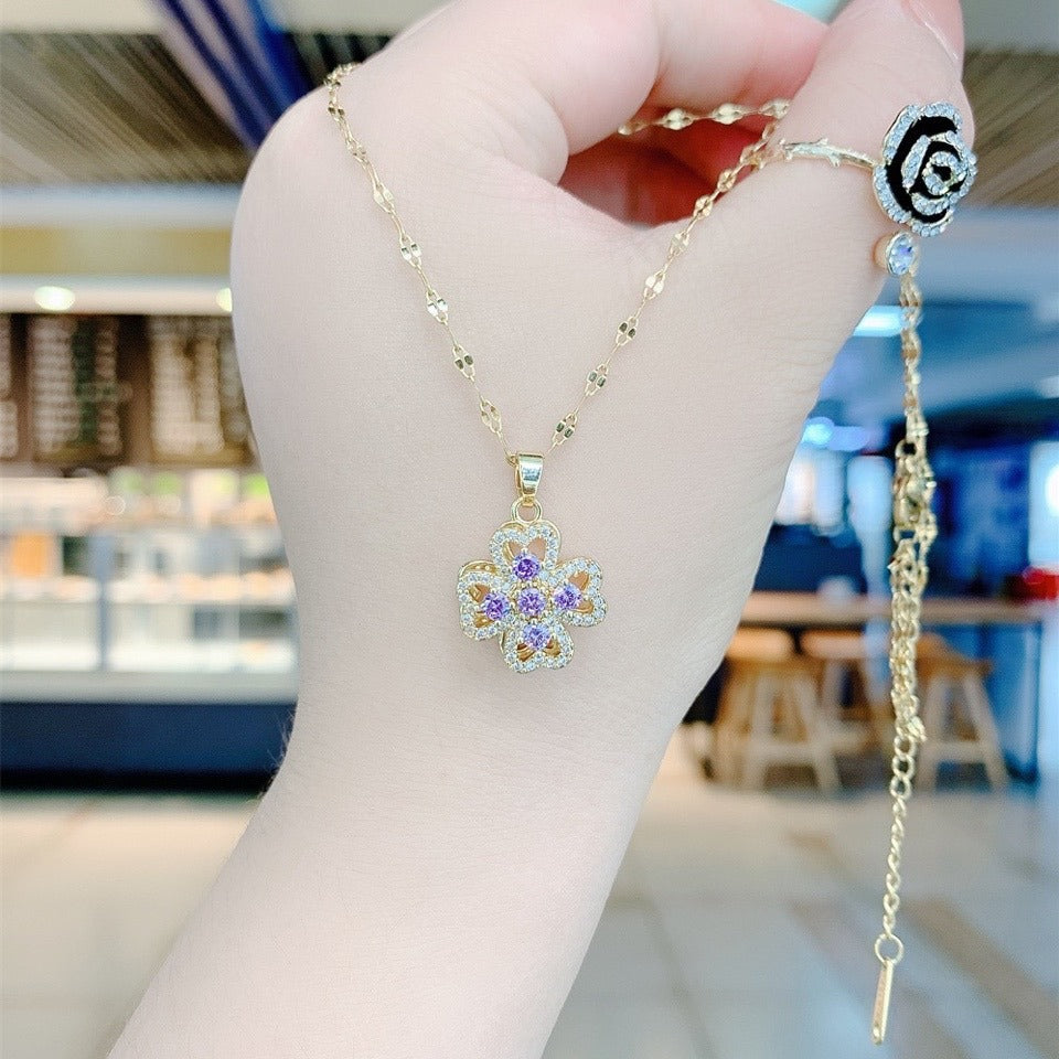 Collana da Donna con Ciondolo Trifoglio Fortunato Girevole in Acciaio Inossidabile Placcato, Girocollo Corto con Maglia a O