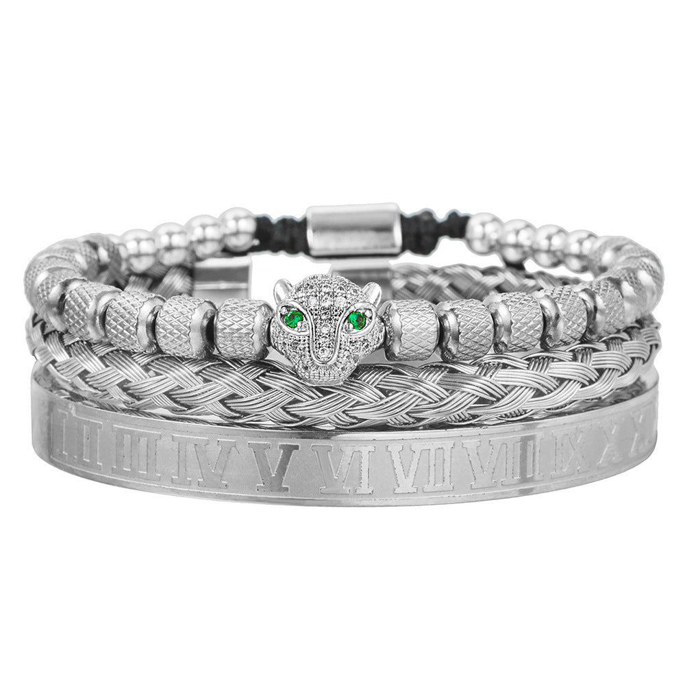 Vintage Geometric Leopard Head Micro-inlaid Cubic Zirconia Woven Stainless Steel Bracelet Set