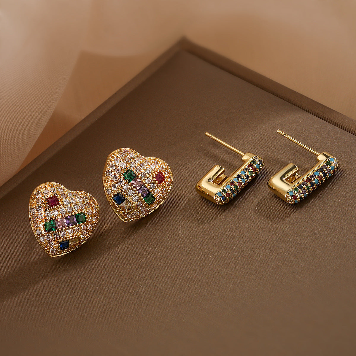 Minimalist Geometric Heart-Shaped Copper Earrings with Gold Plating and Zircon Accents for Women