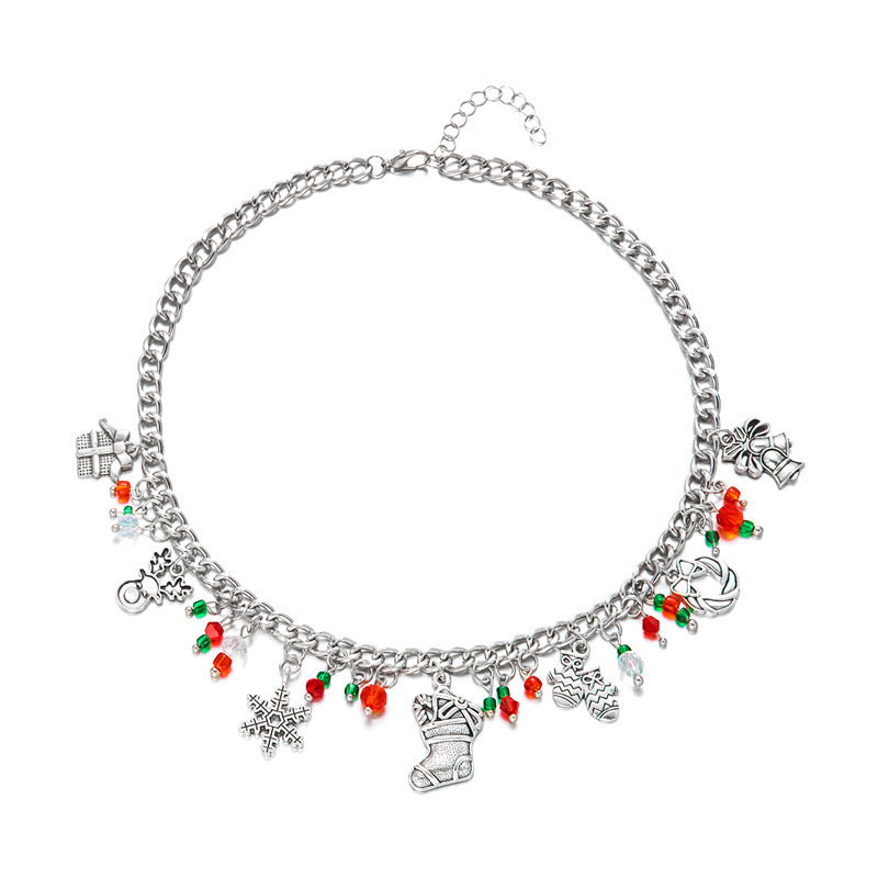 Collar con colgante de árbol de Navidad con campana y copo de nieve, estilo vintage, de aleación chapada con cadena en O, para mujer