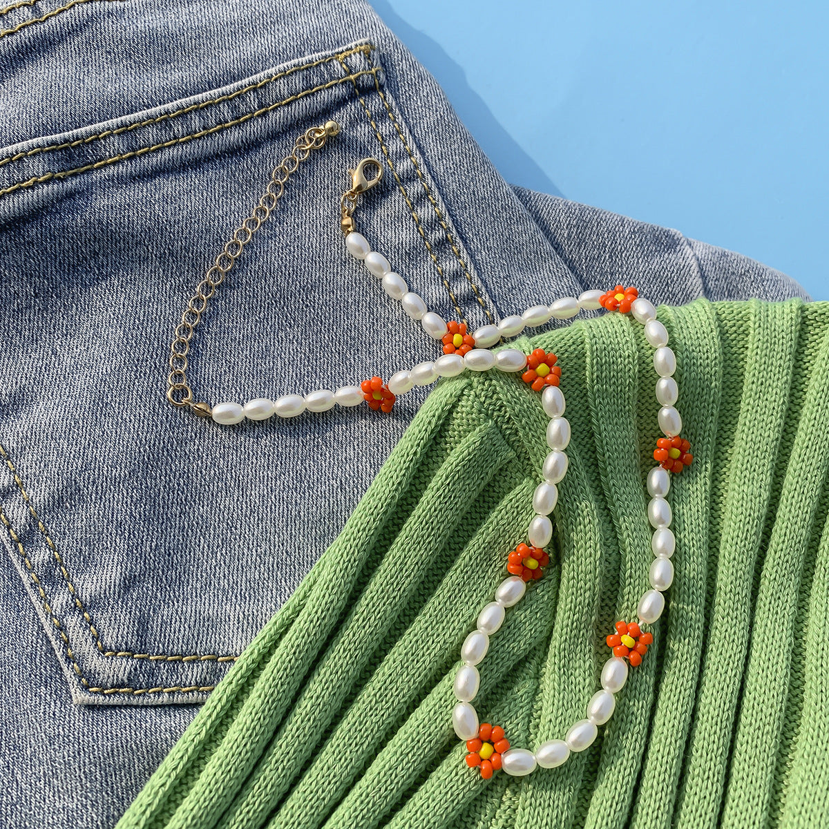 Bohemian Floral Letter Daisy Imitation Pearl Beaded Choker Necklace for Women