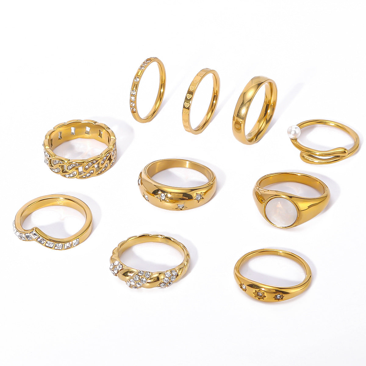 Elegante Anello in Acciaio Inossidabile con Trama Intrecciata e Intarsio di Strass con Motivi a Foglia, Onde e Forme Geometriche per Uomo e Donna