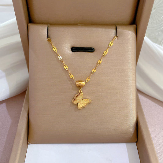 Collana con ciondolo floreale da donna a catena da collo in acciaio al titanio, con farfalla geometrica, di lusso minimalista