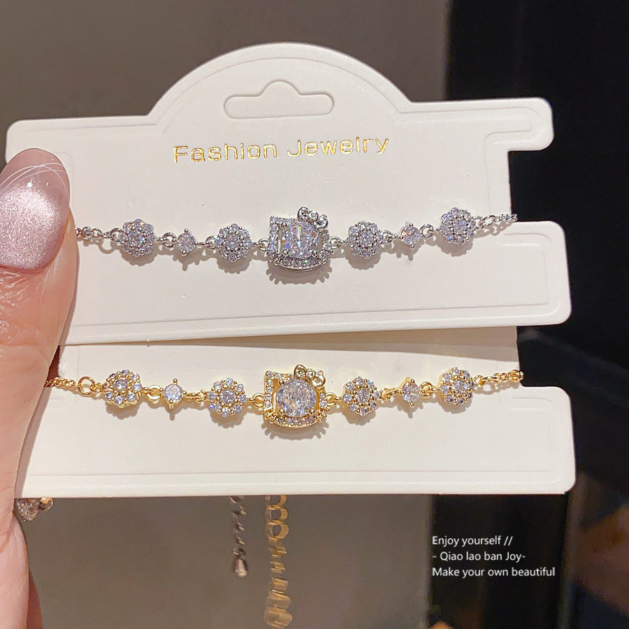 18K Gold Plated Cubic Zirconia Cat Animal Brass Bracelet Vintage Luxury Elegant Women's Jewelry