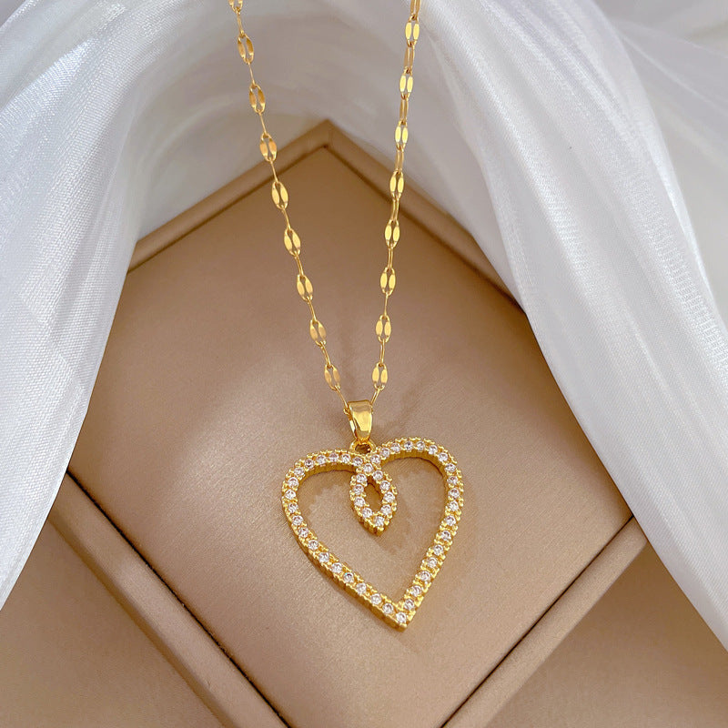 Minimalist Heart-Shaped Titanium Steel Plated Necklace for Women with Delicate Locket Chain and Moon Motif