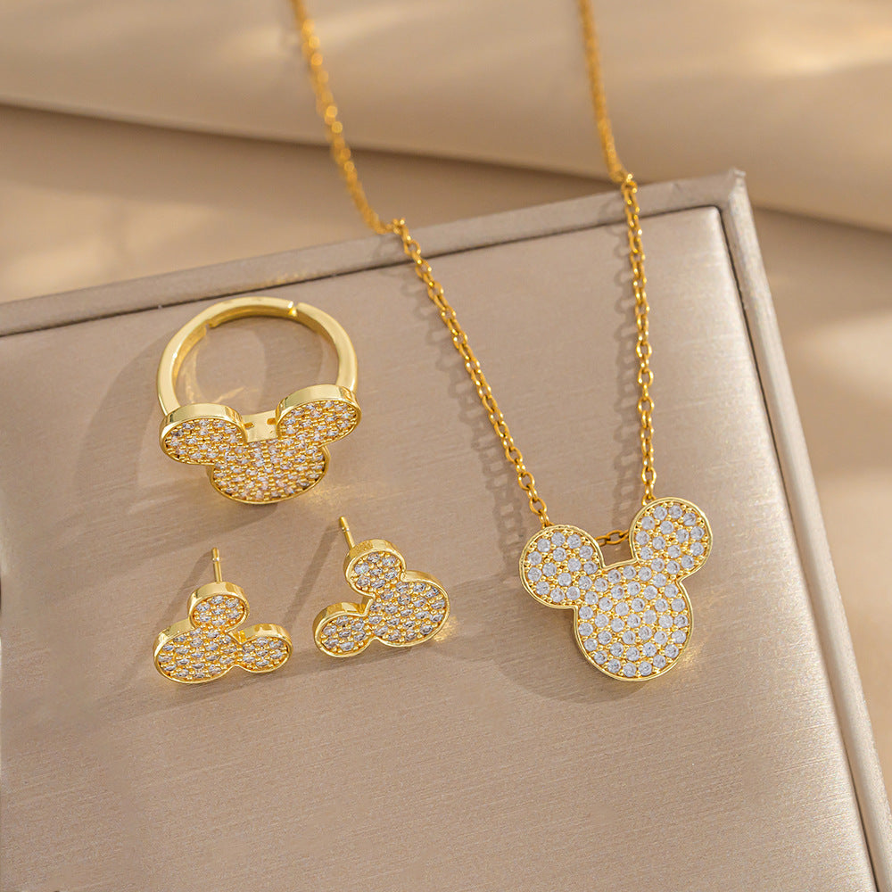 Elegant Minimalist Titanium Steel Heart-Shaped Necklace and Earrings Set with Rhinestone Inlay and Gold Plating for Women