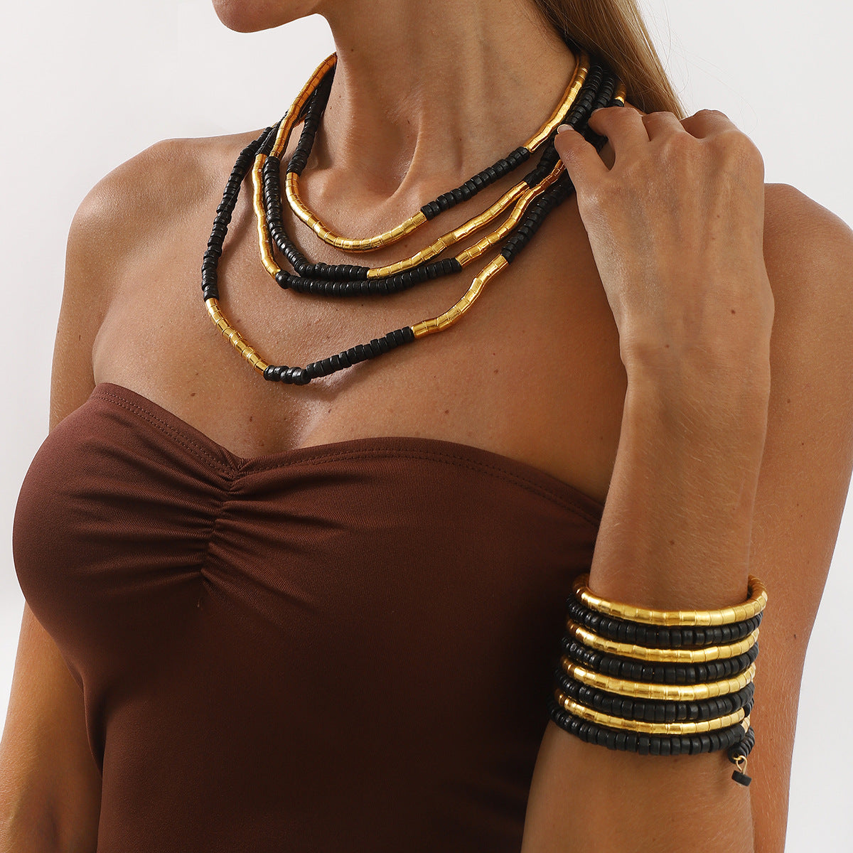 Bracciale in lega e perline di legno stile Punk Vintage con forme geometriche, set di bracciali multistrato fatti a mano e impilabili