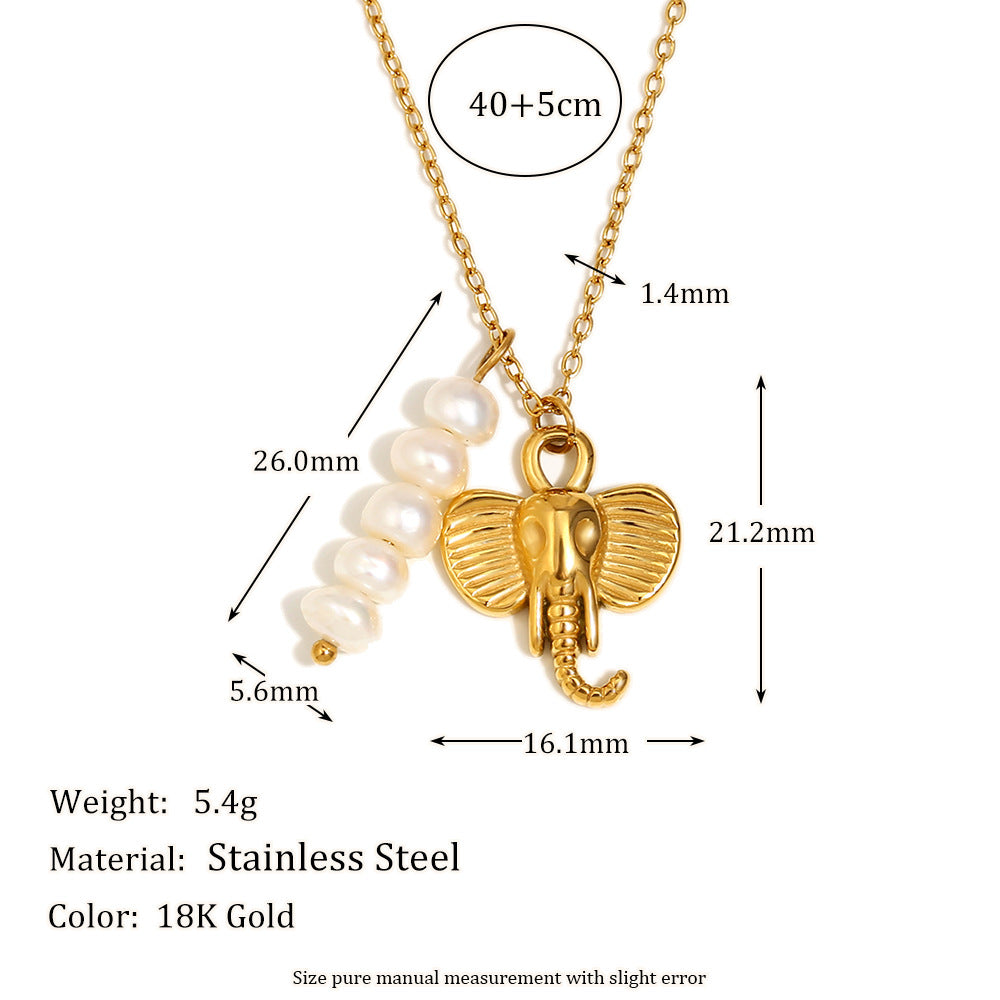 Vintage Creative Elephant Pendant Necklace for Women in Stainless Steel with 18K Gold Plating and Pearl Accents