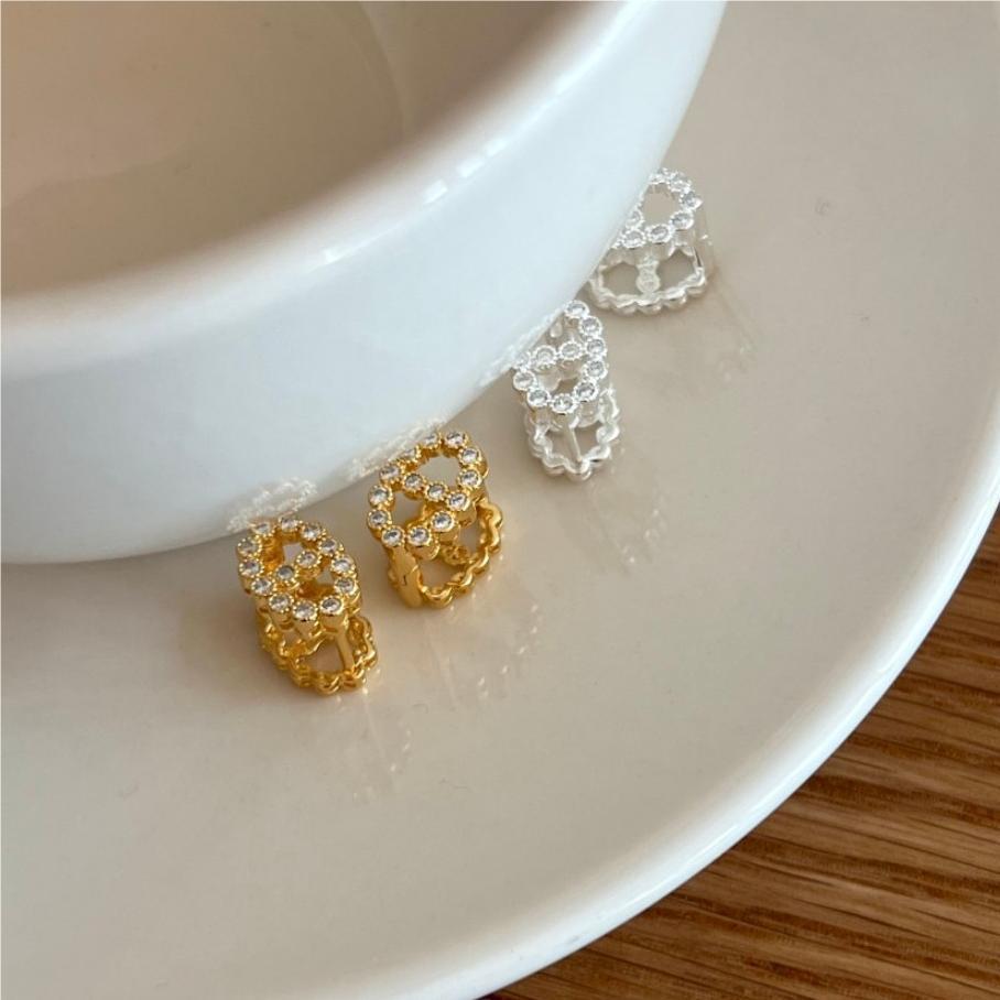 Minimalist Geometric Letter Stud Earrings in 925 Sterling Silver with Rhinestone Inlay and Gold Plating
