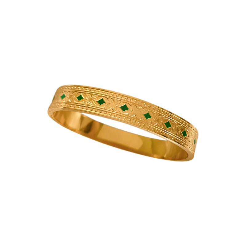Vintage Geometric Green Cubic Zirconia Inlay Titanium Steel Cuff Bracelet