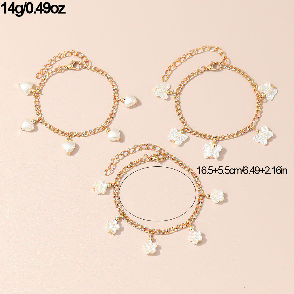 Conjunto de pulseras de metal con colgante de perlas, flores y mariposas en forma de corazón, hecho a mano, estilo princesa, para niñas