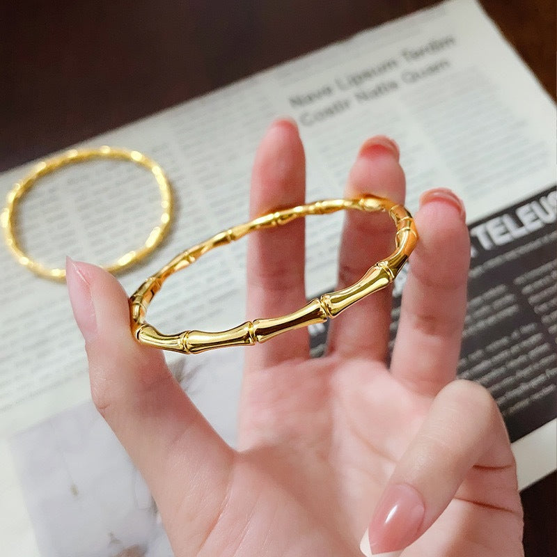 Elegant Bamboo Segment Bangle Bracelet for Women Solid Titanium Steel with 18K Gold Plating Vintage Chinese-Inspired Design