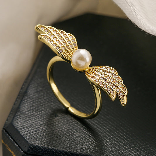Geometric Wing-Shaped Copper Ring with Real Gold Plating and Zircon Inlay for Women
