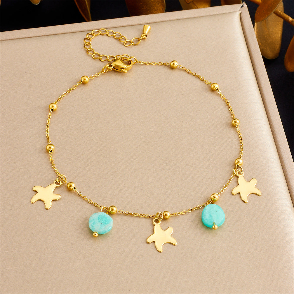 Minimalist Star-Shaped Mint Green Stone Pendant Polished Gold-Plated Stainless Steel Anklet