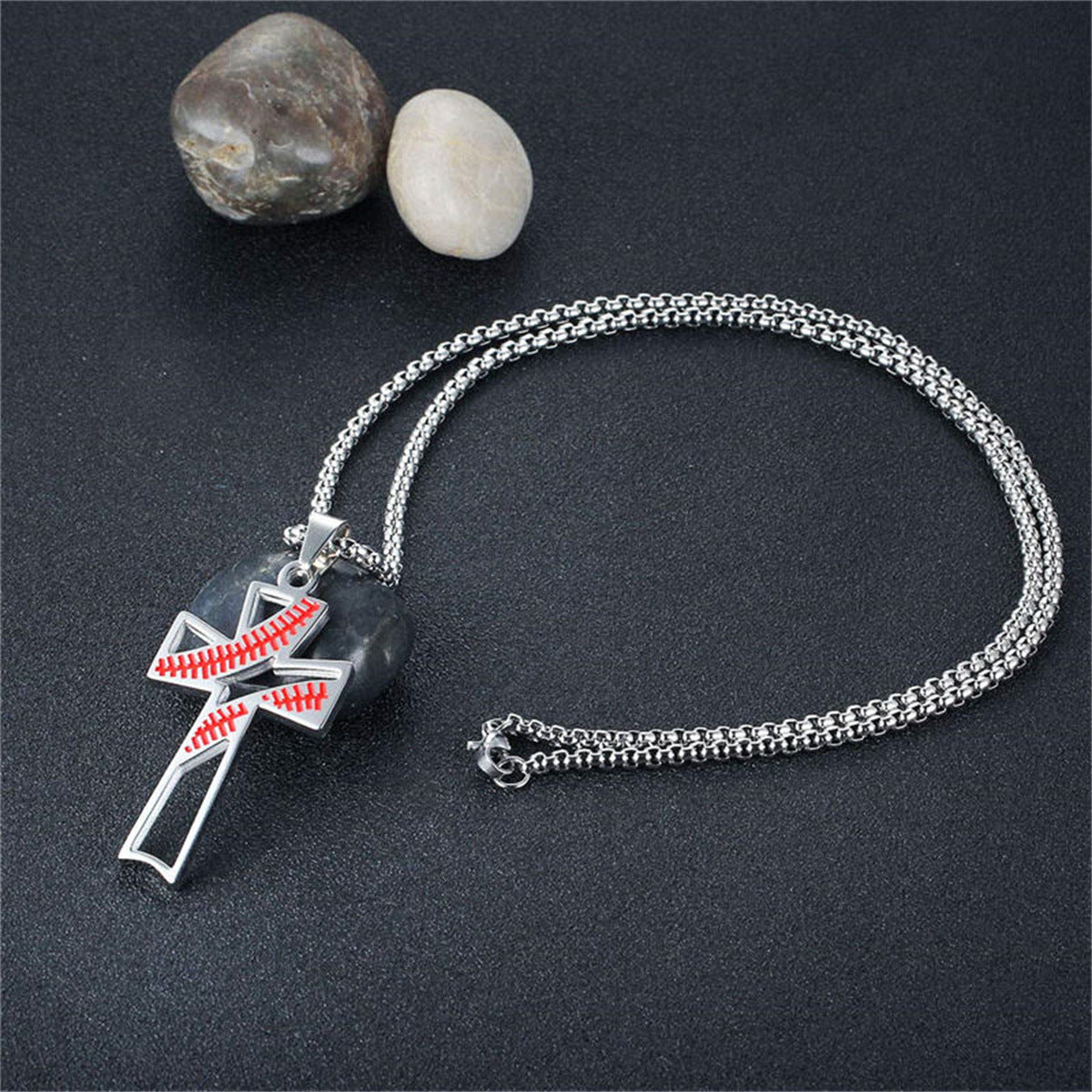 Natural Style Geometric Stainless Steel Pendant Necklace with Titanium Steel Cross Charm and Hollow Baseball Design Adjustable Chain